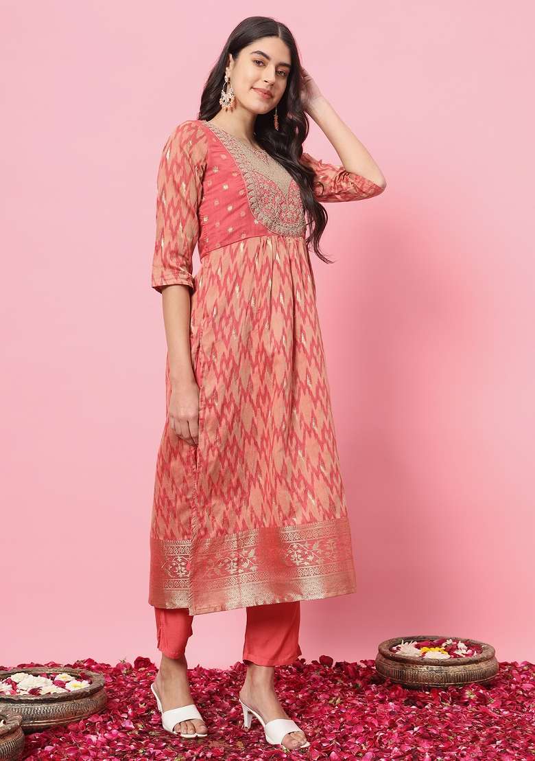 Peach Printed Blended A Line Kurta Set - Indya