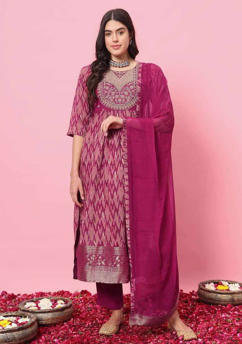 Purple Printed Blended A Line Kurta Set - Indya