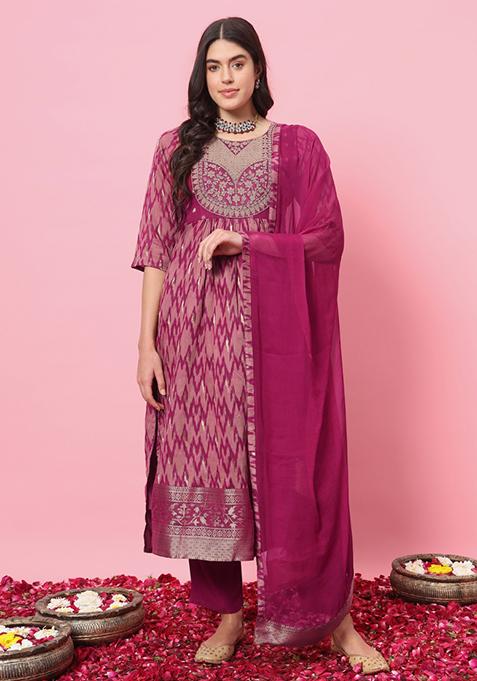Purple Embroidered Cotton Blend Salwar Kameez With Dupatta