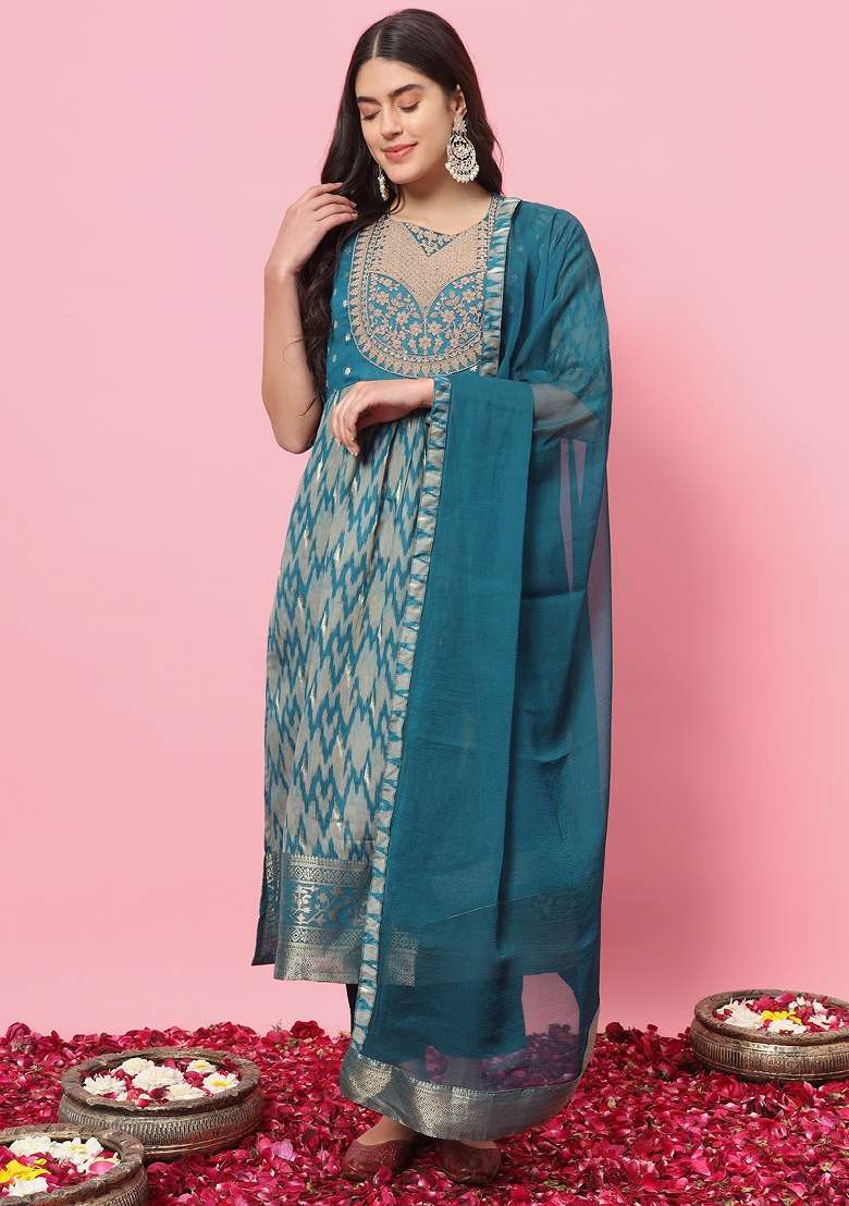 Teal Blue Printed Cotton A Line Kurta Set - Indya