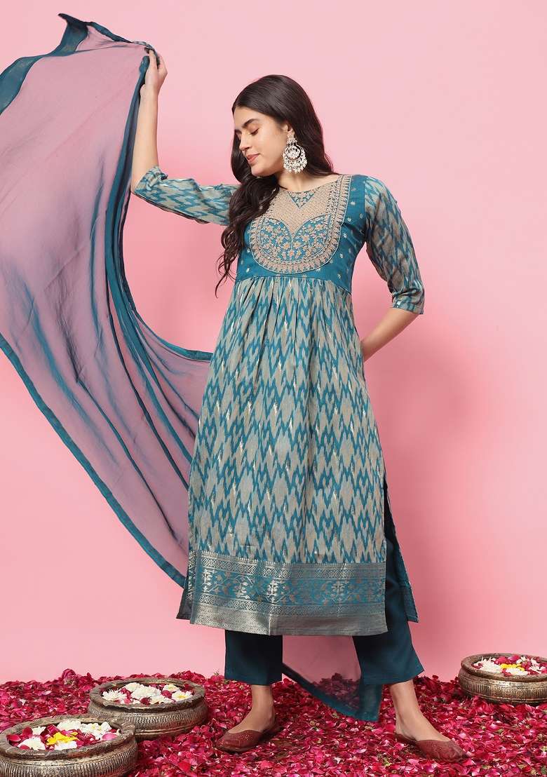Teal Blue Printed Cotton A Line Kurta Set - Indya