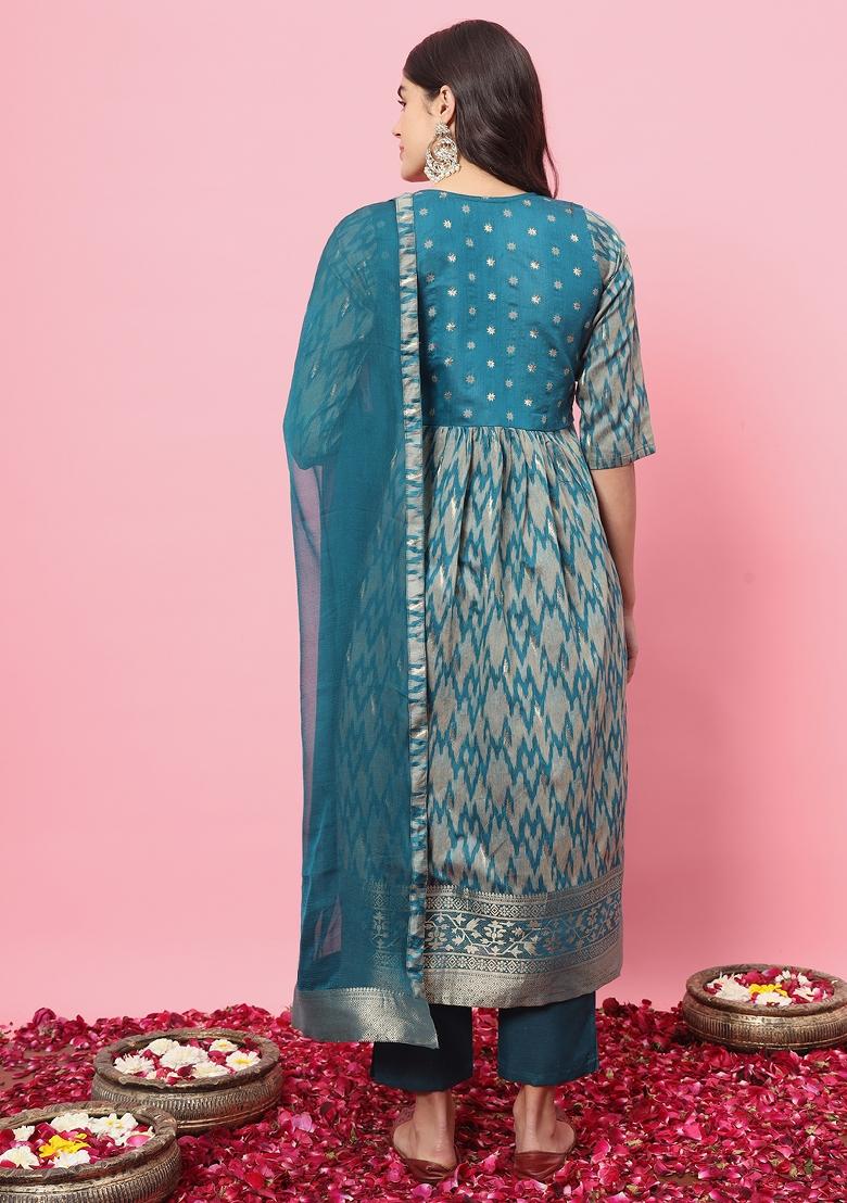 Teal Blue Embroidered Cotton Blend Salwar Kameez With Dupatta