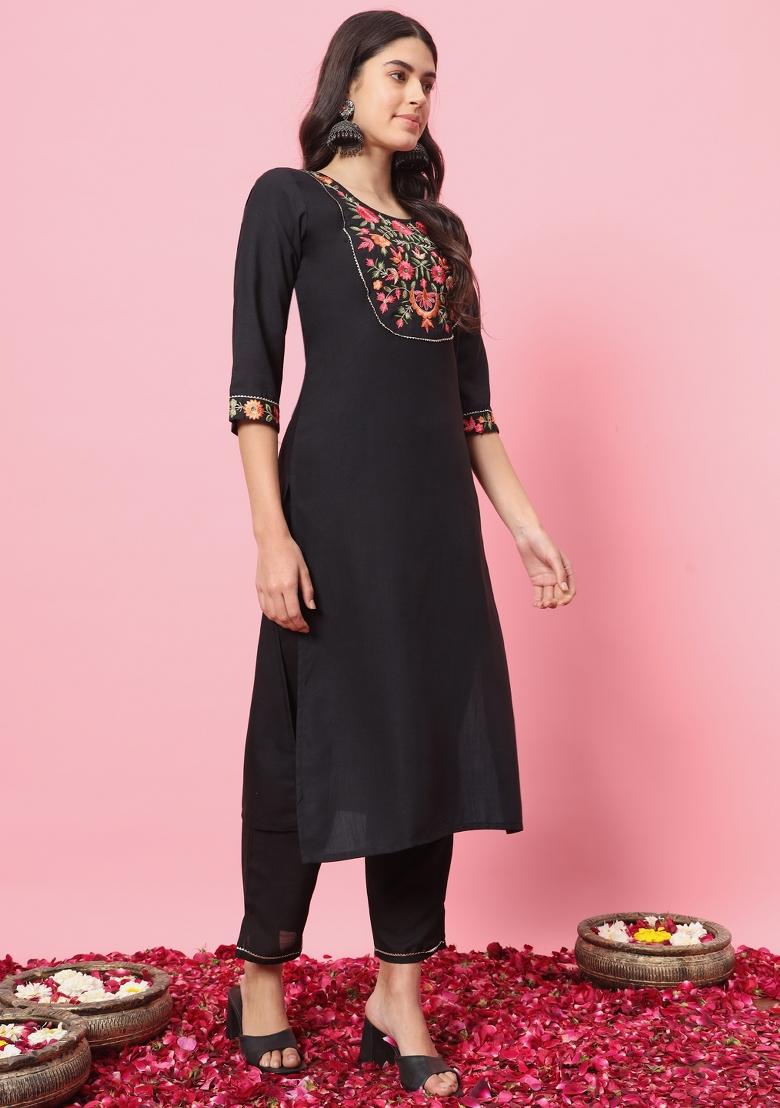 Black Embroidered Viscose Salwar Kameez With Dupatta