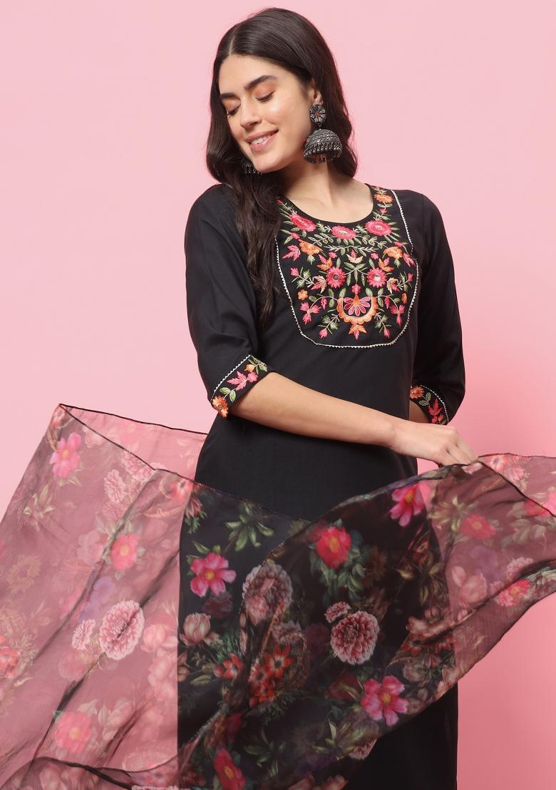 Black Embroidered Viscose Salwar Kameez With Dupatta