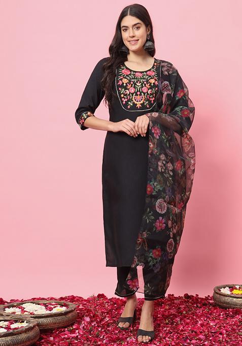 Black Embroidered Viscose Salwar Kameez With Dupatta