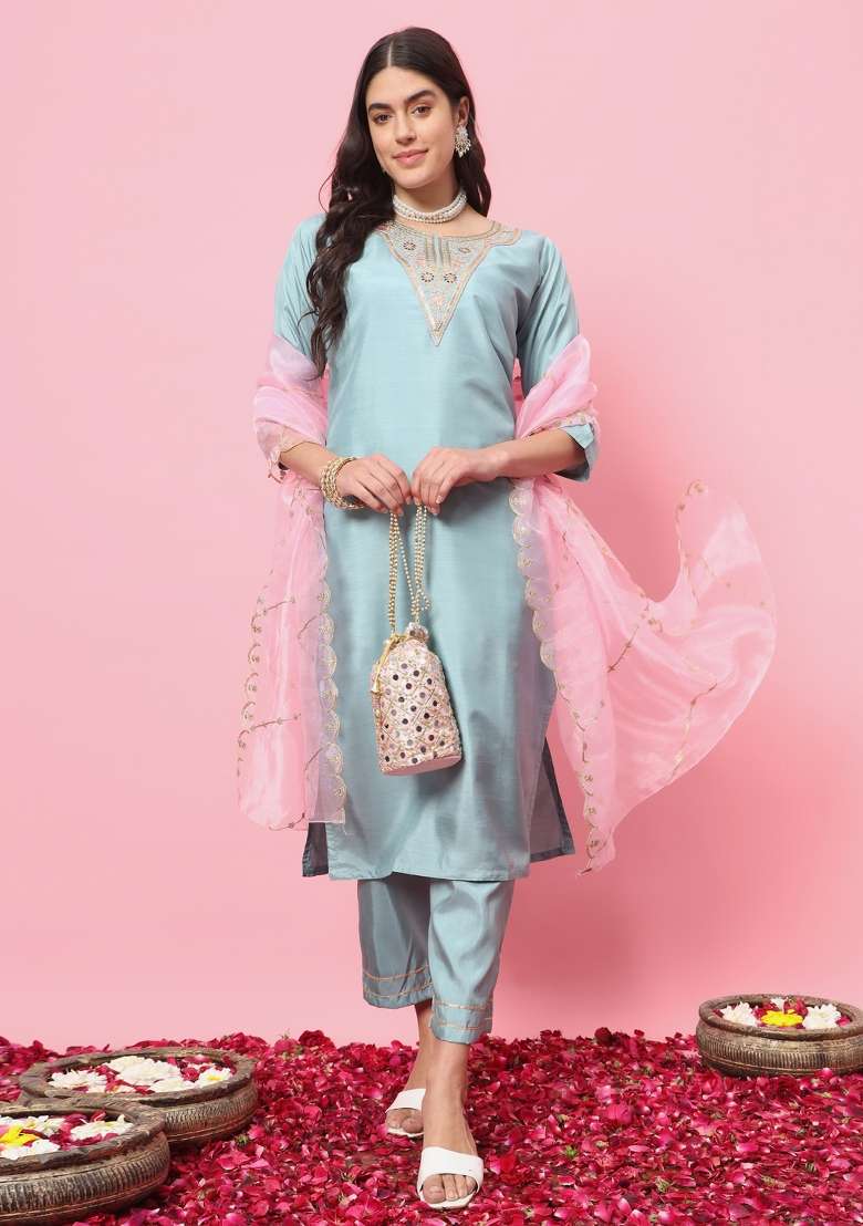 Sky Blue Embroidered Silk Blend Straight Kurta Set - Indya