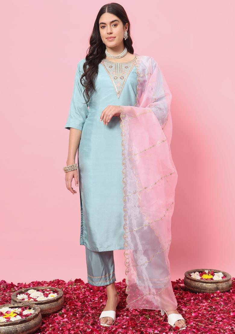 Sky Blue Embroidered Silk Blend Salwar Kameez With Dupatta