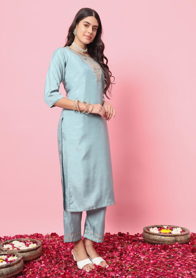 Sky Blue Embroidered Silk Blend Salwar Kameez With Dupatta