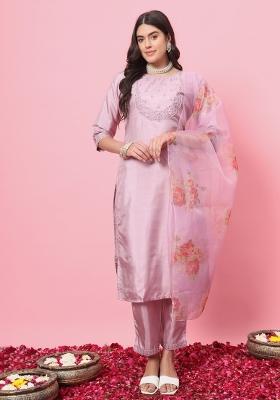 Lavender Embroidered Silk Blend Salwar Kameez With Dupatta