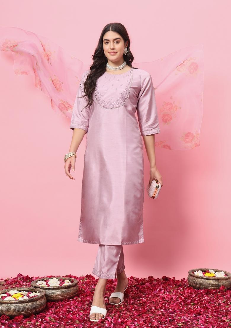 Lavender Embroidered Silk Blend Salwar Kameez With Dupatta