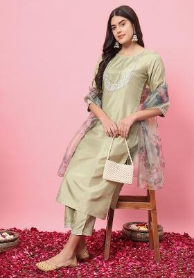 Pista Green Embroidered Silk Blend Salwar Kameez With Dupatta