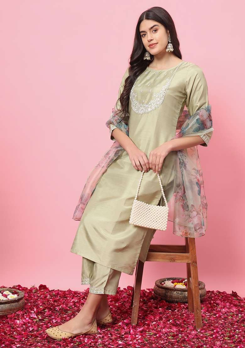 Pista Green Embroidered Silk Blend Straight Kurta Set - Indya