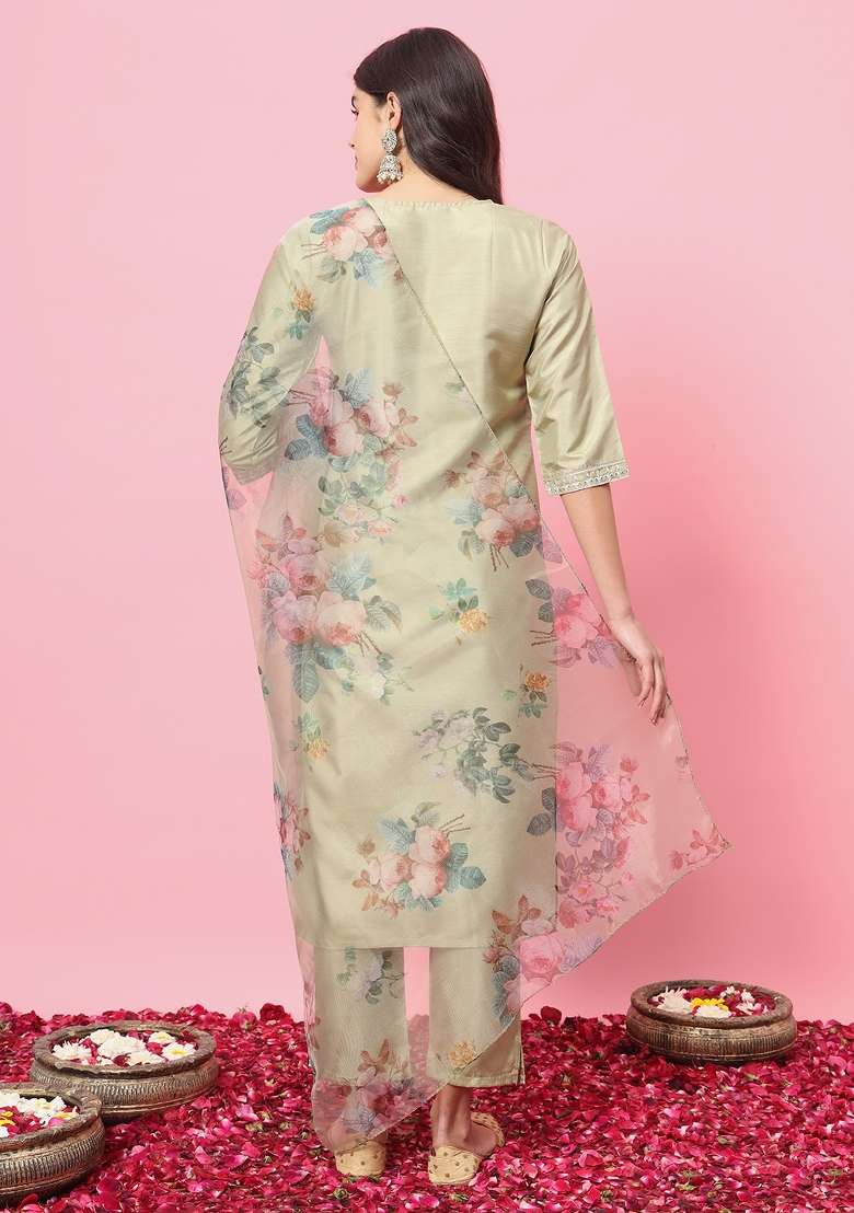Pista Green Embroidered Silk Blend Straight Kurta Set - Indya