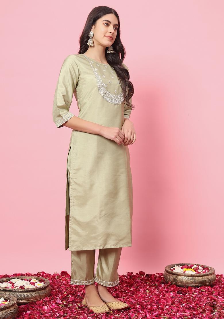 Pista Green Embroidered Silk Blend Salwar Kameez With Dupatta