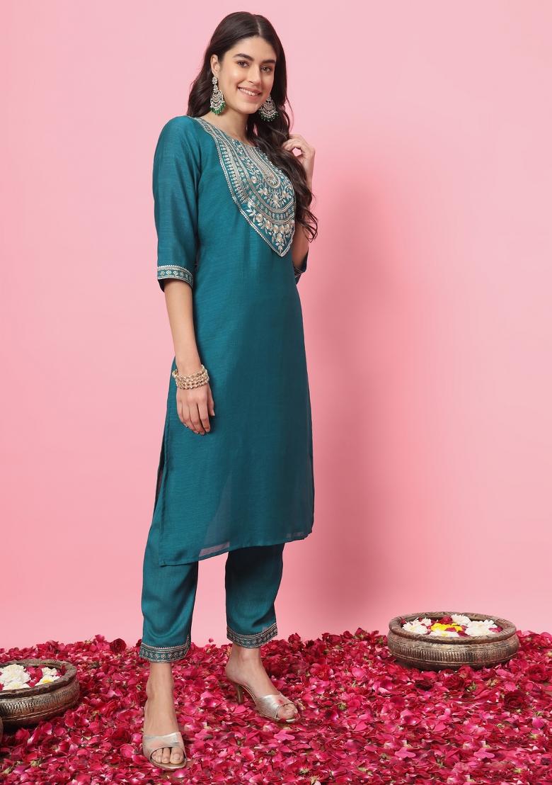 Rama Blue Embroidered Silk Blend Salwar Kameez With Dupatta
