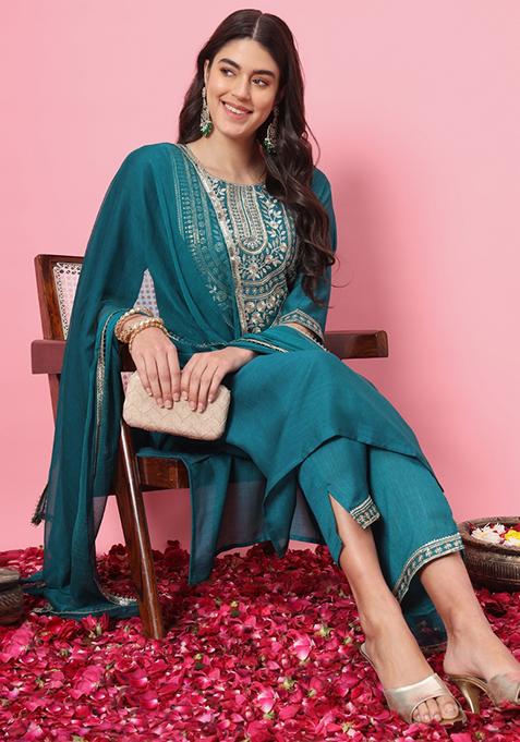 Rama Blue Embroidered Silk Blend Salwar Kameez With Dupatta
