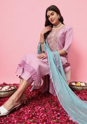 Lavender Embroidered Cotton Blend Salwar Kameez With Dupatta