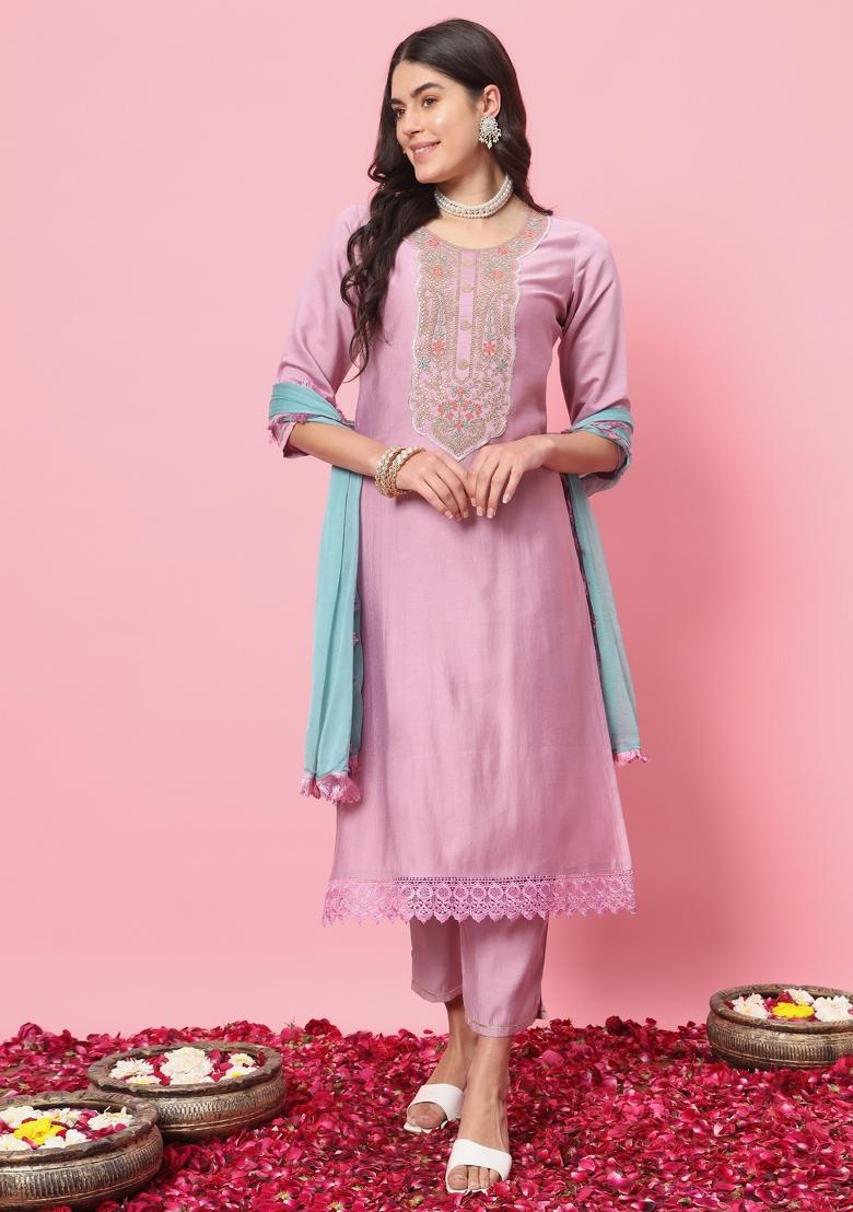Lavender Embroidered Cotton Blend Salwar Kameez With Dupatta