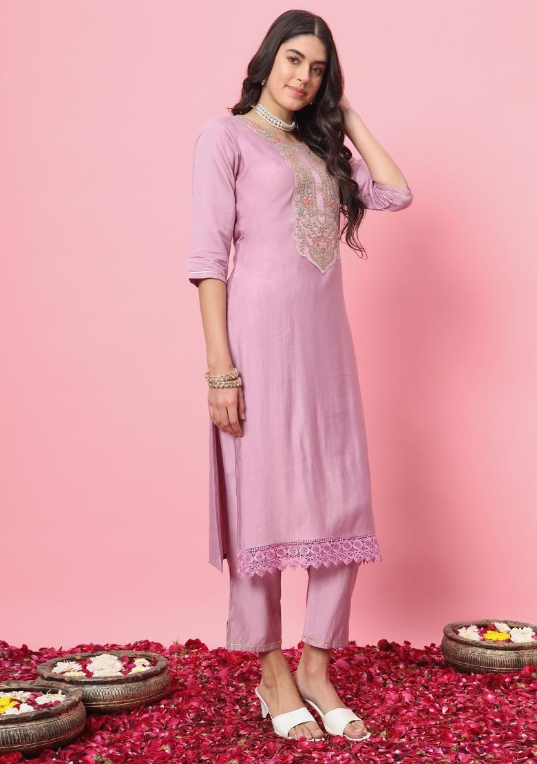 Lavender Embroidered Cotton Blend Salwar Kameez With Dupatta
