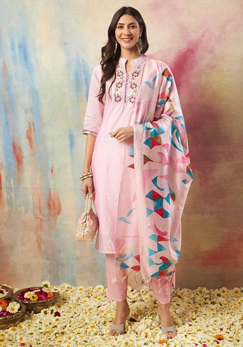 Pink Embroidered Chanderi Salwar Kameez With Dupatta