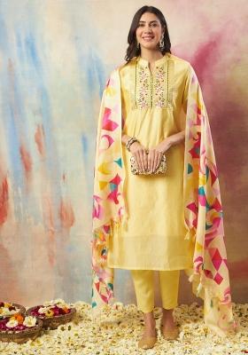 Yellow Embroidered Chanderi Salwar Kameez With Dupatta
