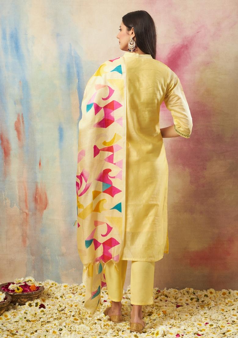 Yellow Embroidered Chanderi Salwar Kameez With Dupatta