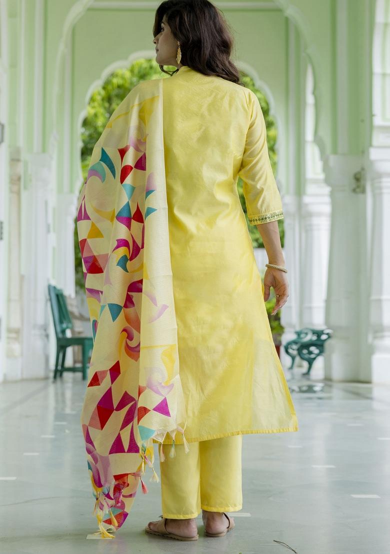 Yellow Embroidered Chanderi Salwar Kameez With Dupatta