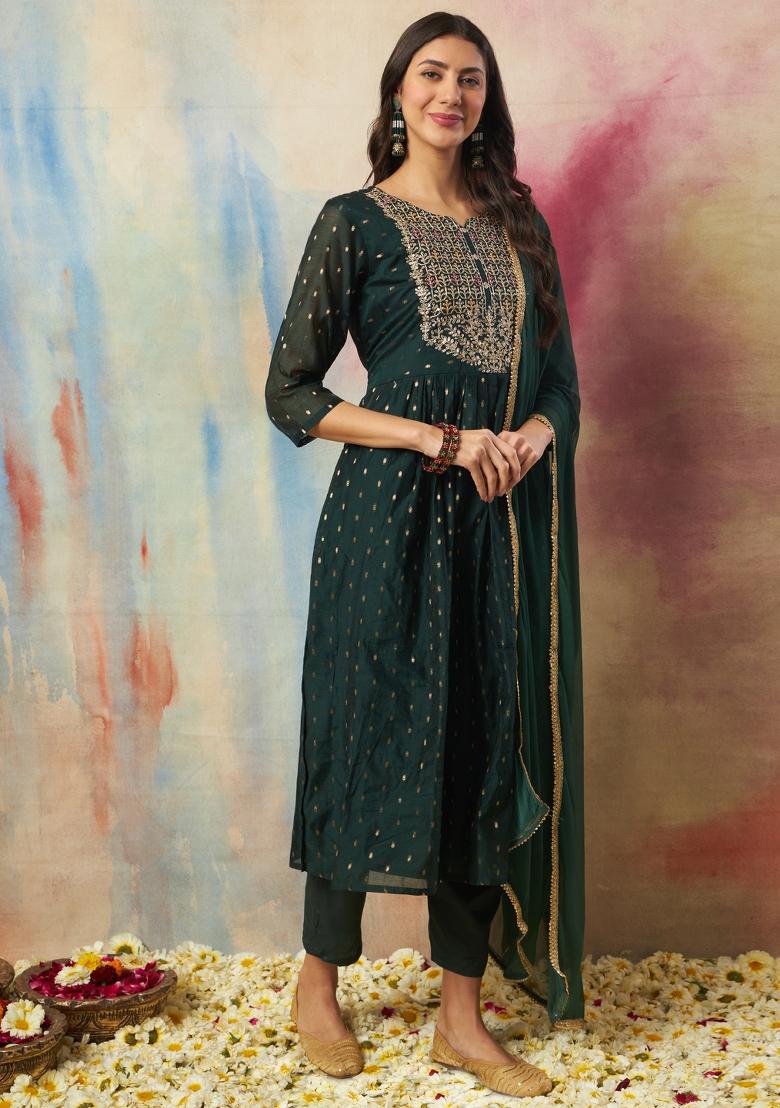 Green Embroidered Cotton Blend Salwar Kameez With Dupatta