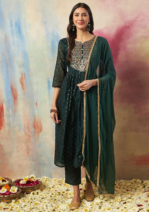 Green Embroidered Cotton Blend Salwar Kameez With Dupatta