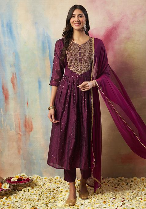 Purple Embroidered Cotton Blend Salwar Kameez With Dupatta