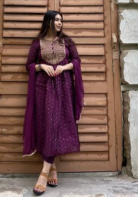 Purple Embroidered Cotton Blend Salwar Kameez With Dupatta
