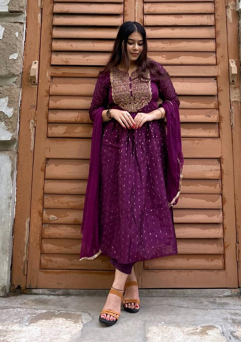 Purple Embroidered Cotton Blend Salwar Kameez With Dupatta
