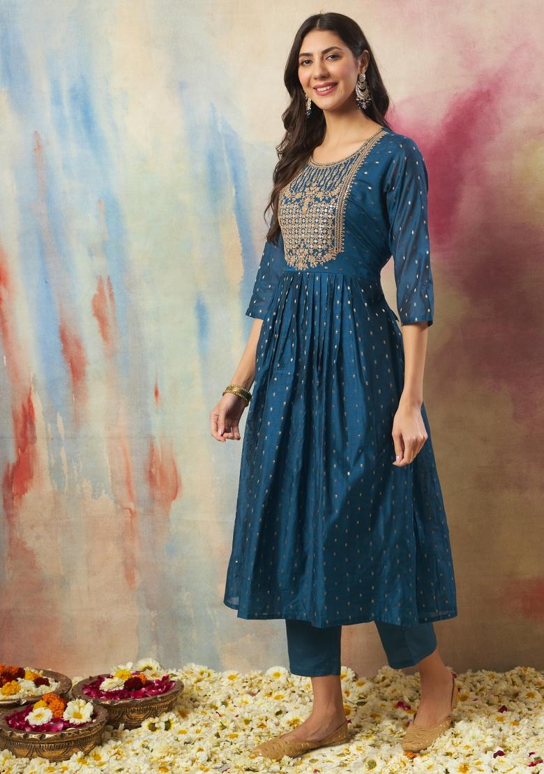 Blue Embroidered Cotton Blend Salwar Kameez With Dupatta