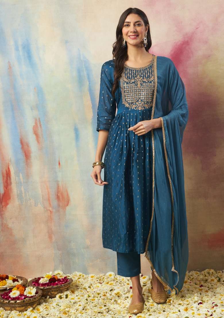 Blue Embroidered Cotton Straight Kurta Set - Indya