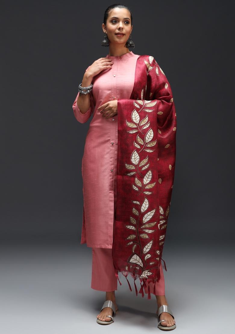 Pink Printed Cotton Blend Salwar Kameez With Dupatta