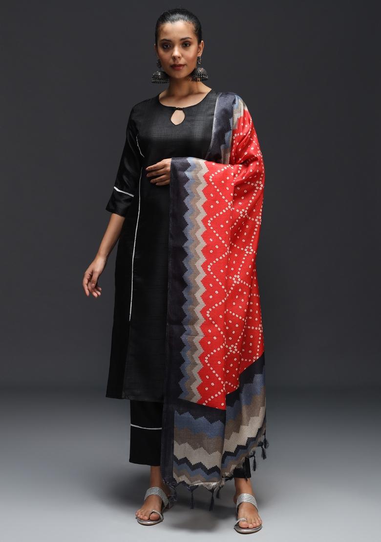 Black Printed Cotton Blend Salwar Kameez With Dupatta