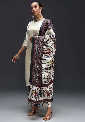 Cream Printed Cotton Blend Salwar Kameez With Dupatta