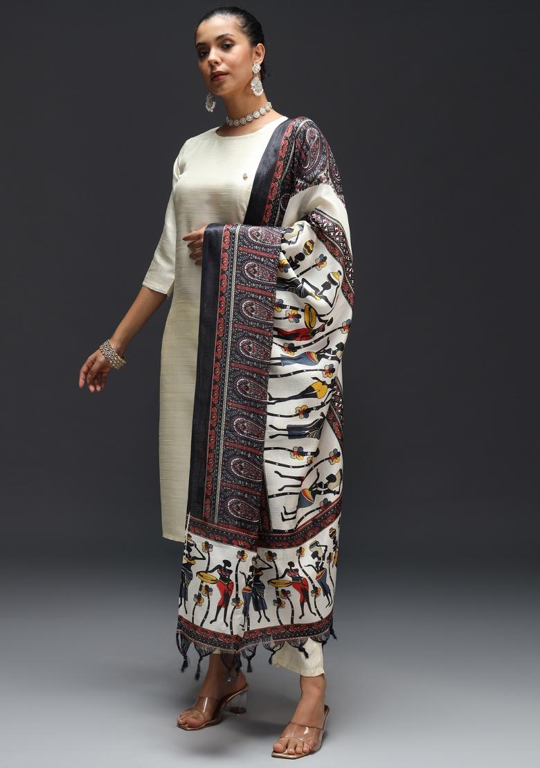 Cream Printed Cotton Blend Salwar Kameez With Dupatta