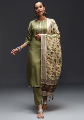 Mehendi Green Printed Cotton Blend Salwar Kameez With Dupatta
