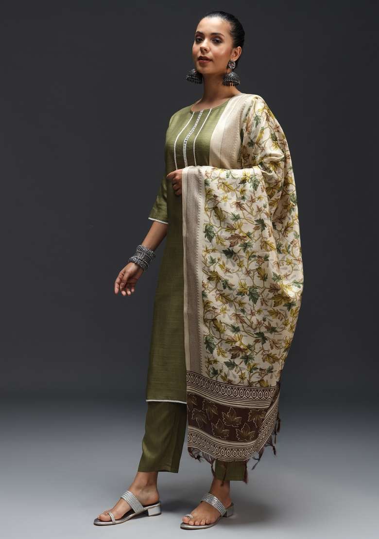Mehendi Green Solid Cotton Straight Kurta Set - Indya