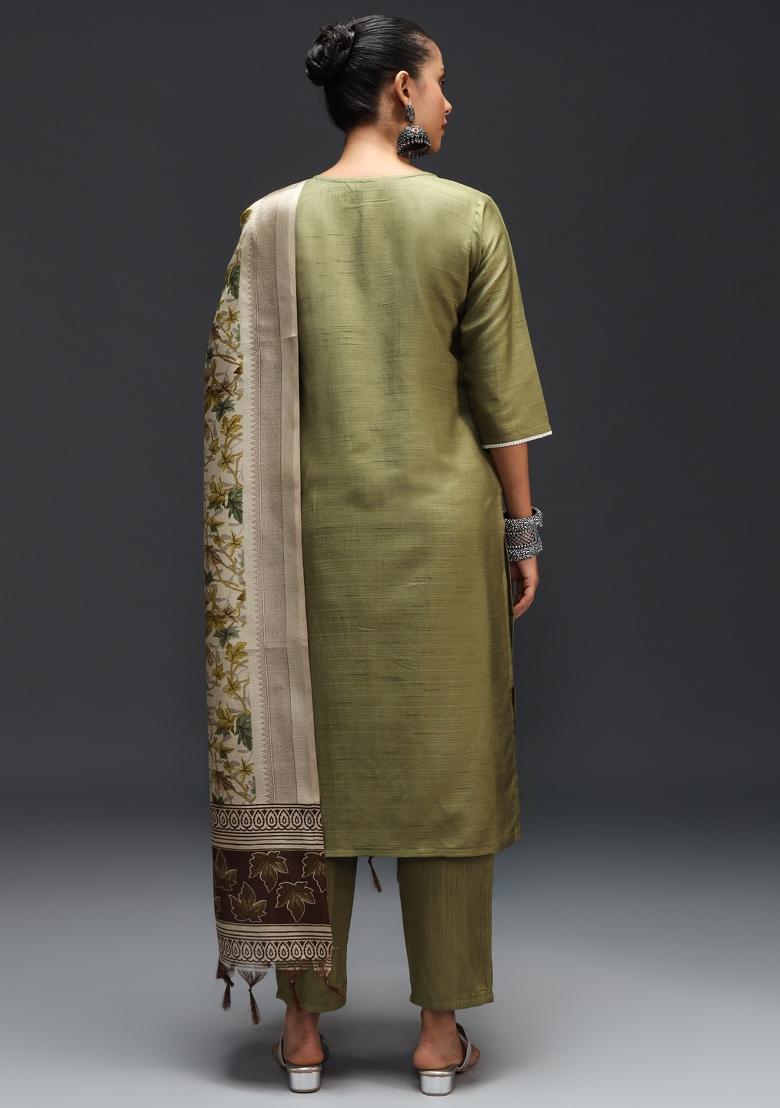 Mehendi Green Printed Cotton Blend Salwar Kameez With Dupatta