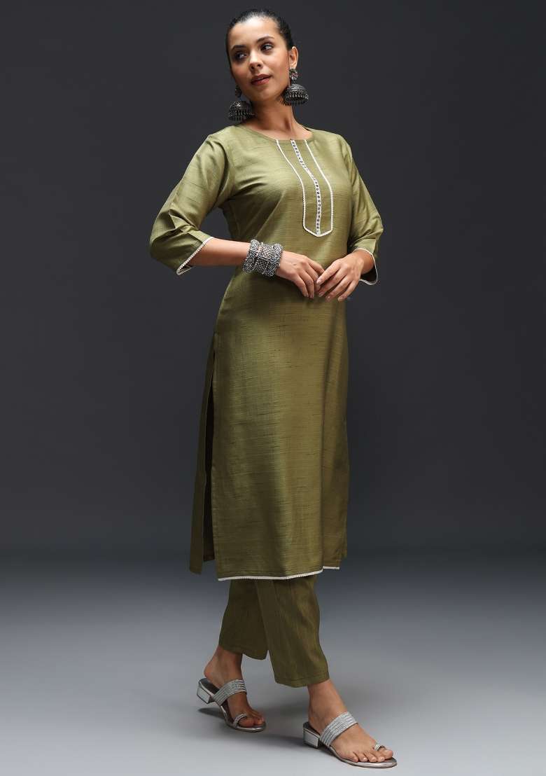 Mehendi Green Solid Cotton Straight Kurta Set - Indya
