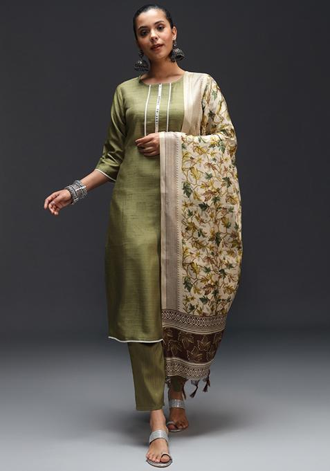 Mehendi Green Printed Cotton Blend Salwar Kameez With Dupatta