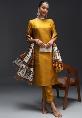 Mustard Yellow Printed Cotton Blend Salwar Kameez With Dupatta