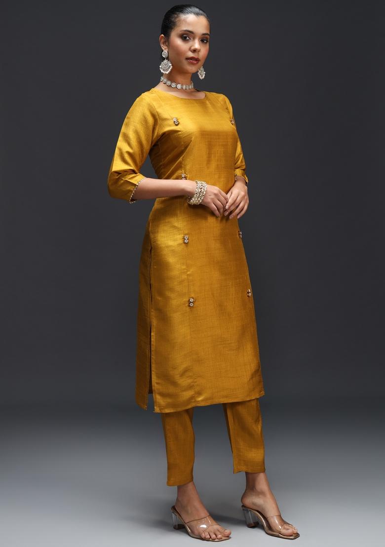 Mustard Yellow Printed Cotton Blend Salwar Kameez With Dupatta