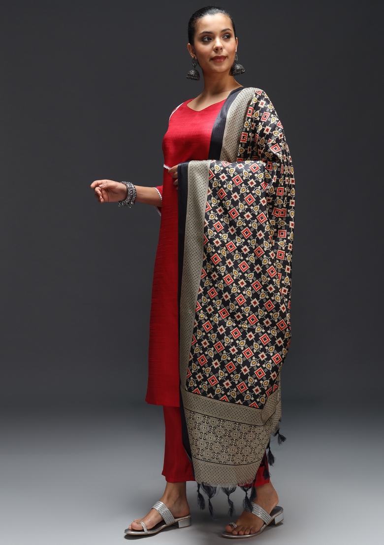 Red Printed Cotton Blend Salwar Kameez With Dupatta