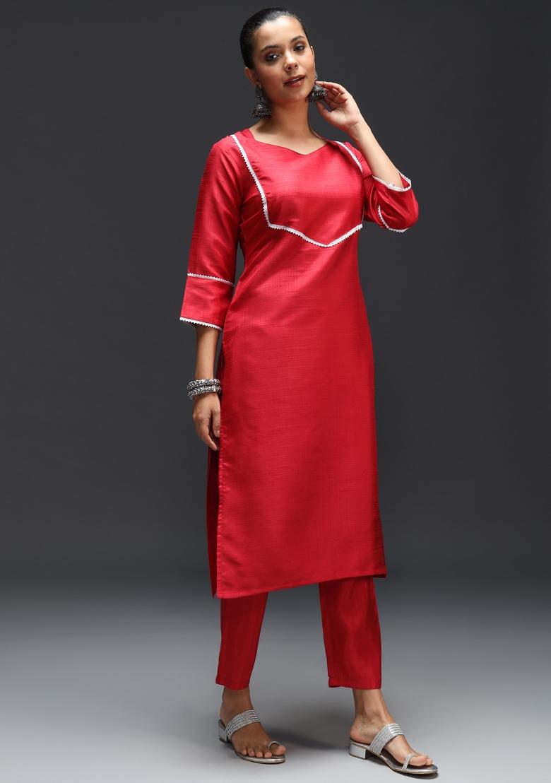 Red Printed Cotton Blend Salwar Kameez With Dupatta