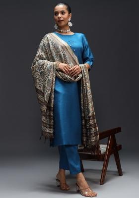 Teal Blue Printed Cotton Blend Salwar Kameez With Dupatta