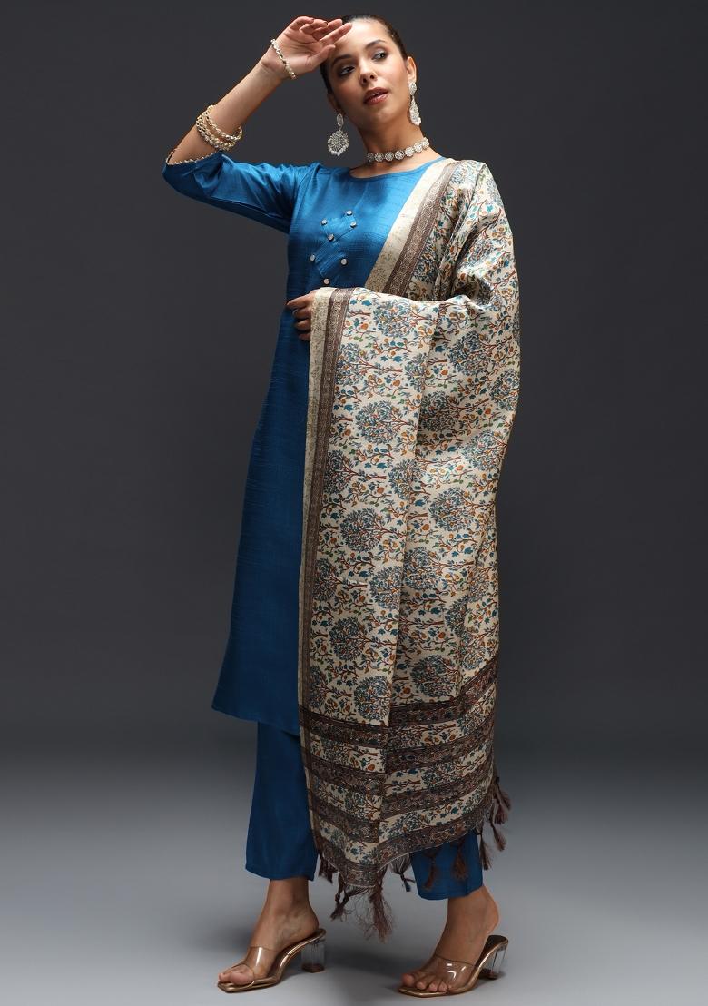Teal Blue Printed Cotton Blend Salwar Kameez With Dupatta