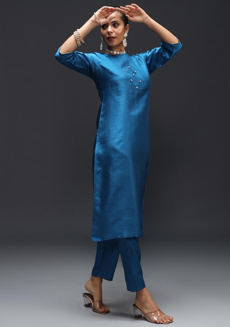 Teal Blue Printed Cotton Blend Salwar Kameez With Dupatta